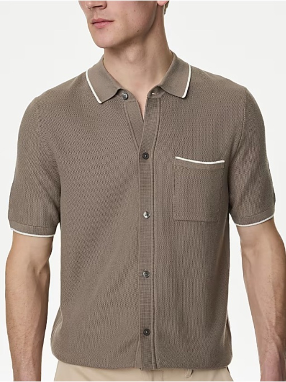 Banana Republic Taupe Short-Sleeve Button-Down with White Piping